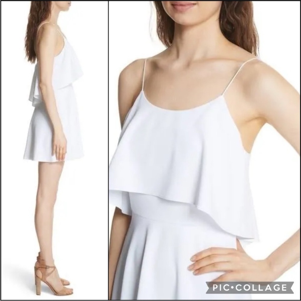 Alice + Olivia White Silk Blend Crepe Flounce Ruffle Popover Bodice Mini Dress